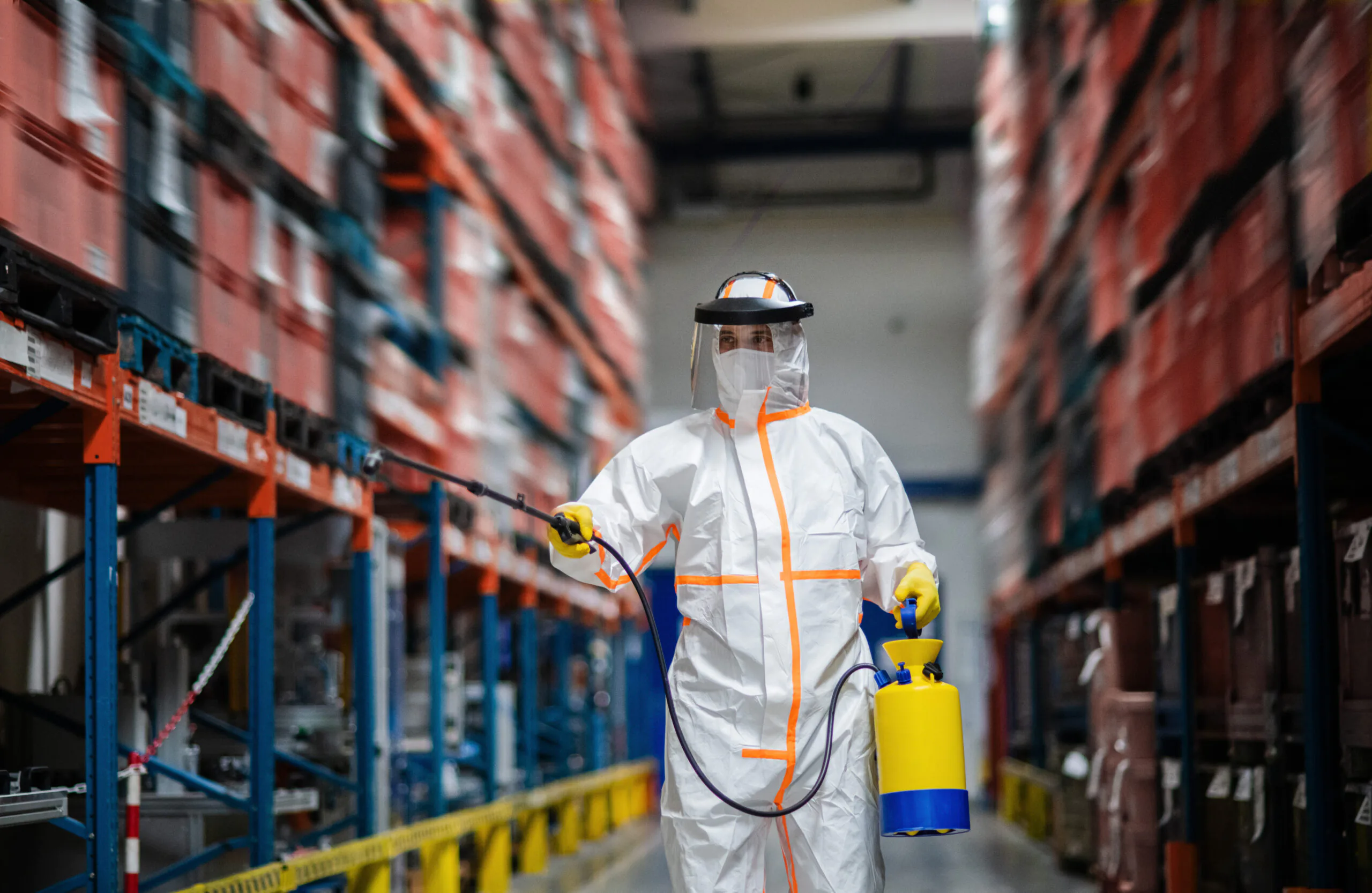 Profissionais realizando limpeza industrial em uma fábrica.